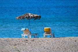 beach, sun loungers, parasol, beach umbrella, beach chairs, sand, sea, ocean, shore, seashore, coast, coastline, horizon, vacations, nature, relax, travel, rhodes, greece, aegean sea